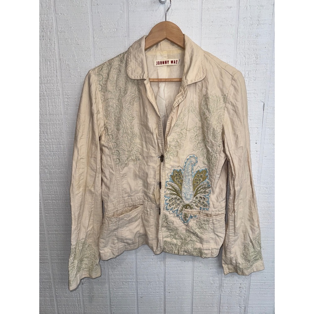 Johnny Was Blazer Jacket Womens Medium Cream Beige Paisley Embroidered Boho M
